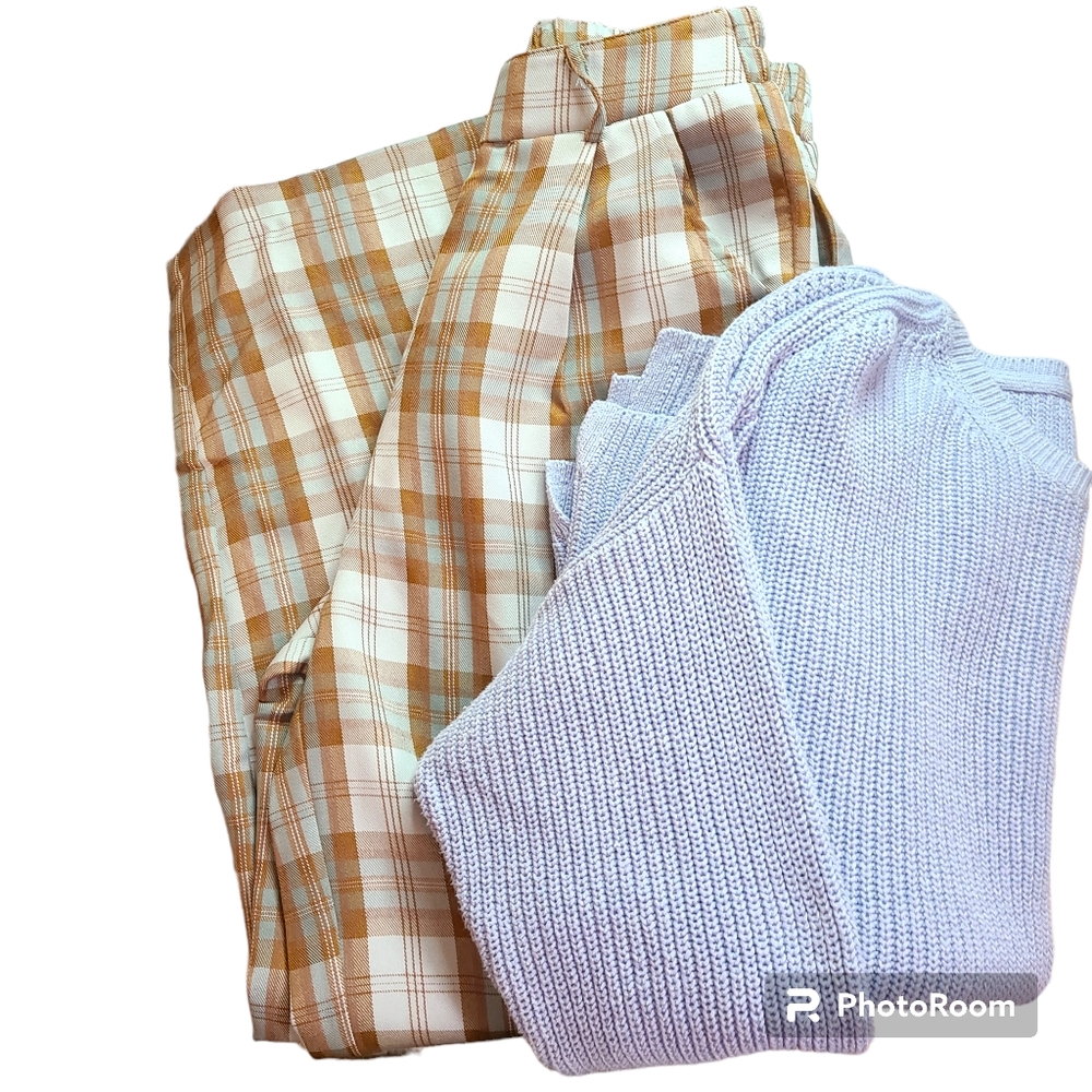 NWT Listicle Size Small Sky Blue Brown Plaid Pleated Wide Leg Trouser Pants - Picture 14 of 16
